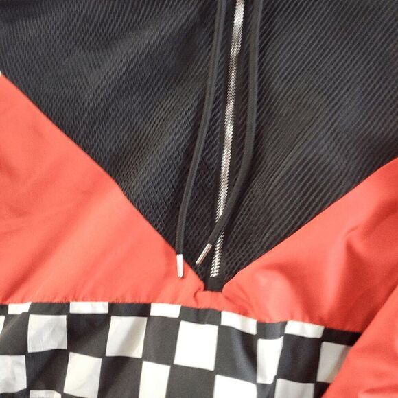 FOREVER 21 Jacket Womens Medium Black Red Check Mesh Windbreaker Hood 1/4 Zip - Picture 8 of 11